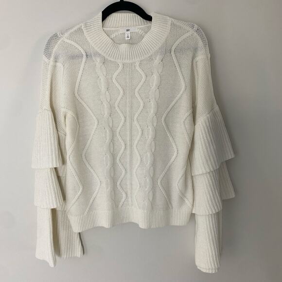 Nordstrom BP. White Cable Knit Tiered Ruffle Bell Sleeve Sweater Small - Picture 2 of 7
